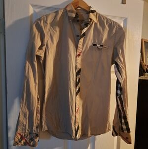 Beige Long Sleeve Shirt with Silk Plaid Accents